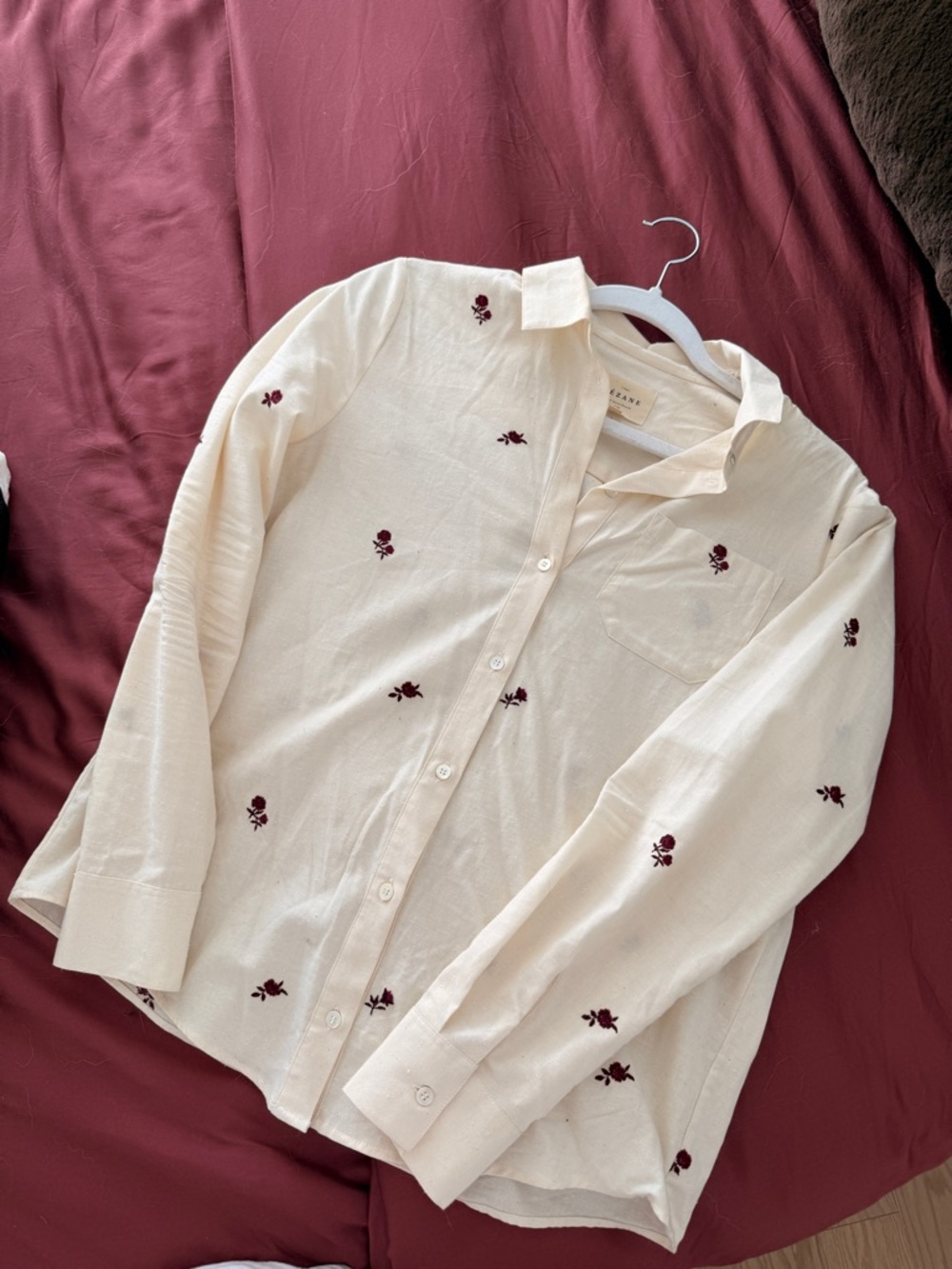 Sezane Cream Button-Up Blouse with Burgundy Rose Embroidery